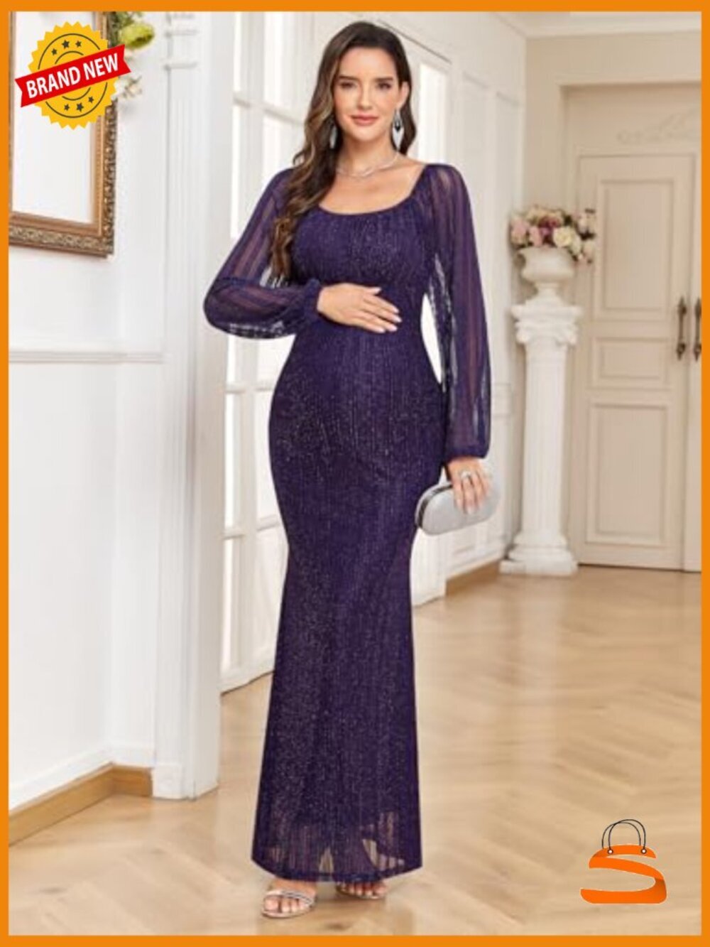 Sparkly Mesh Maternity Dress Long Sleeve Square Neck Maxi - Picture 2 of 7